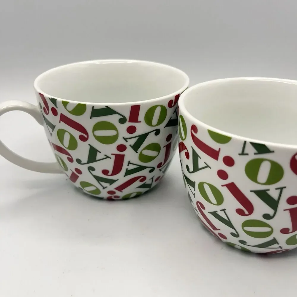 Pair Vintage Crate & Barrel 16oz JOY Mugs Holiday Christmas Red/Green Porcelain